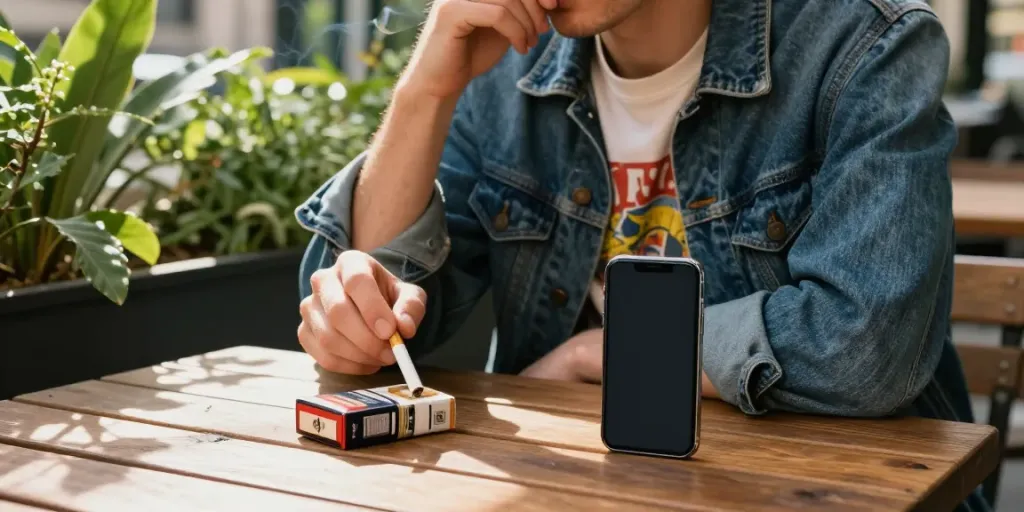 Experience cheap tobacco and cigarettes online in a stylish outdoor setting, featuring a smoker enjoying a relaxed moment with a pack nearby.