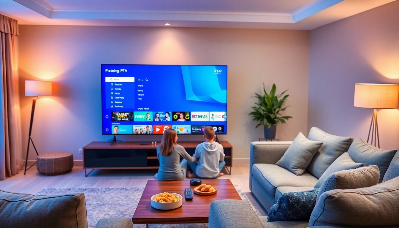 Experience free trial iptv with a modern living room setup showcasing a large smart TV.
