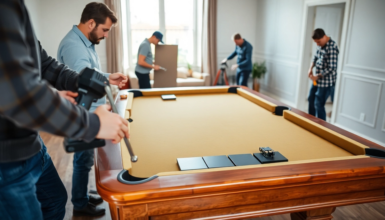 Pool Table Disassembly process showcasing careful removal of a pool table's components with tools in use.