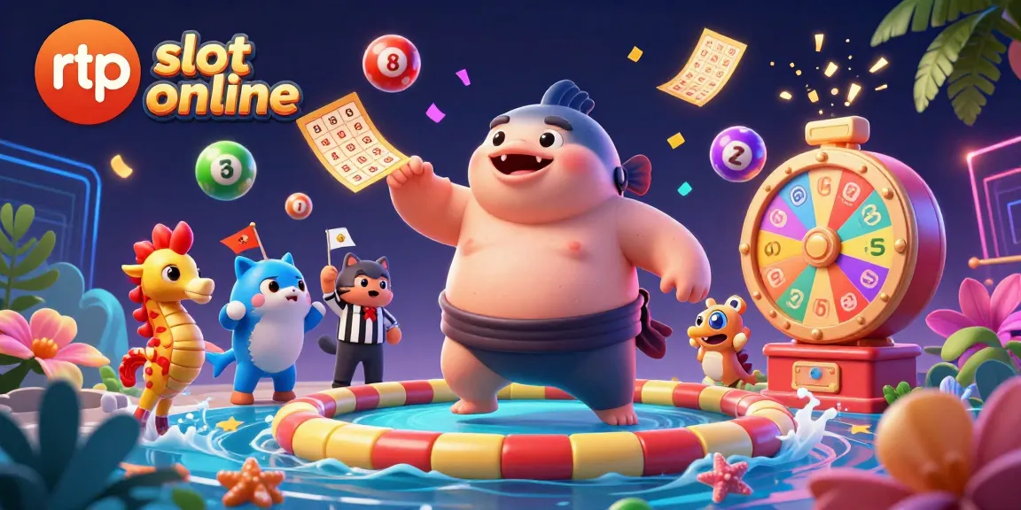 Menampilkan rtp slot online dengan gambar ceria, fugu besar mengenakan mawashi, dan elemen judi penuh warna.