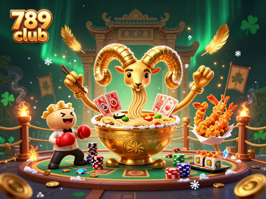 Engage with exciting 789 club casino action featuring a golden ramen bowl character playing cards, surrounded by vibrant game elements.