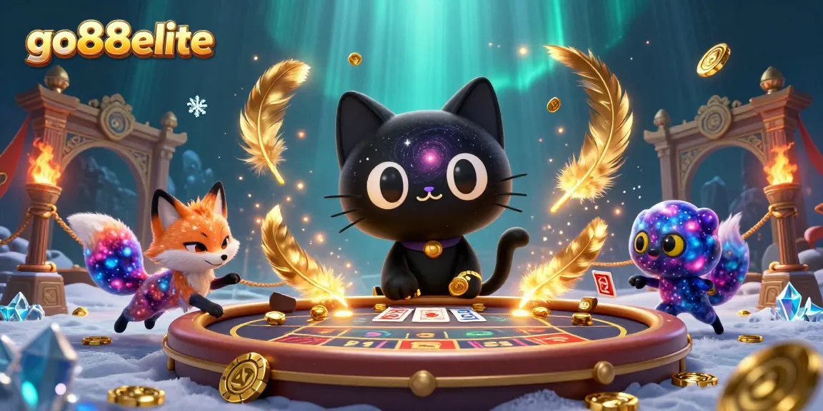 Engage with the cosmic charm of go88elite's captivating gambling scene featuring a black hole cat.