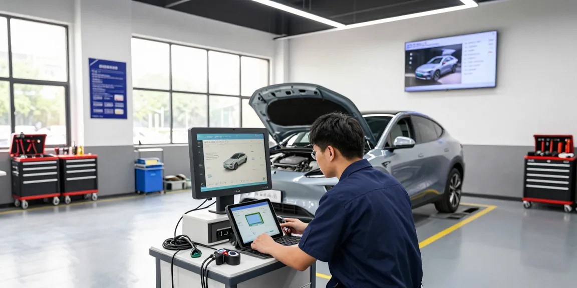 Expert mechanic diagnosing electric vehicle with NAGA2000 tools in bright automotive workshop.