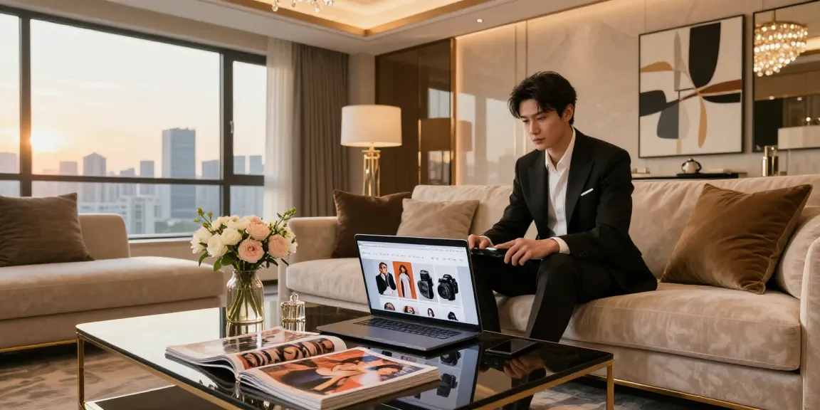 LUXURY111 dalam ruang tamu mewah dengan individu berkelas berbelanja online.