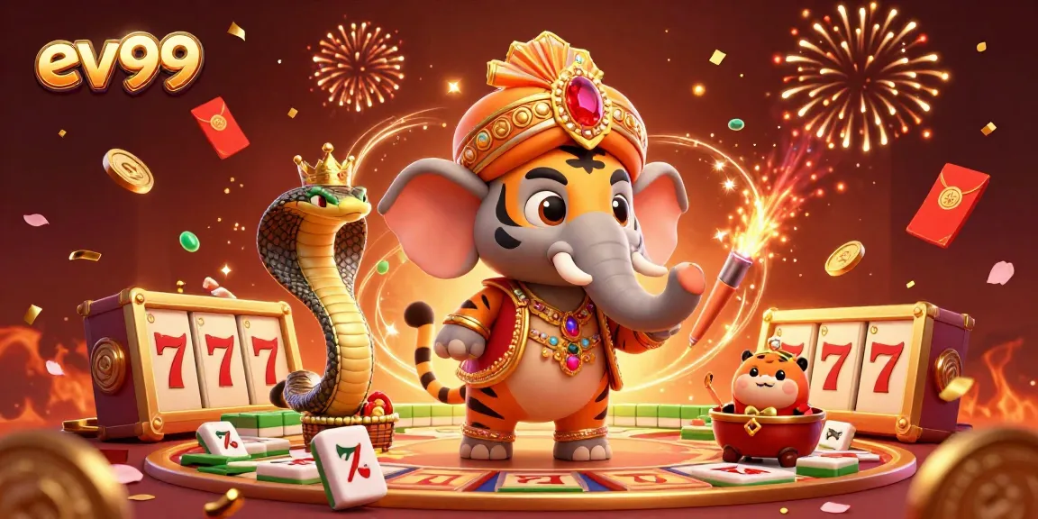 Play exciting games at ev99, featuring a vibrant 3D illustration of an ornate maharaja tiger, slot reels, and bamboo decor.
