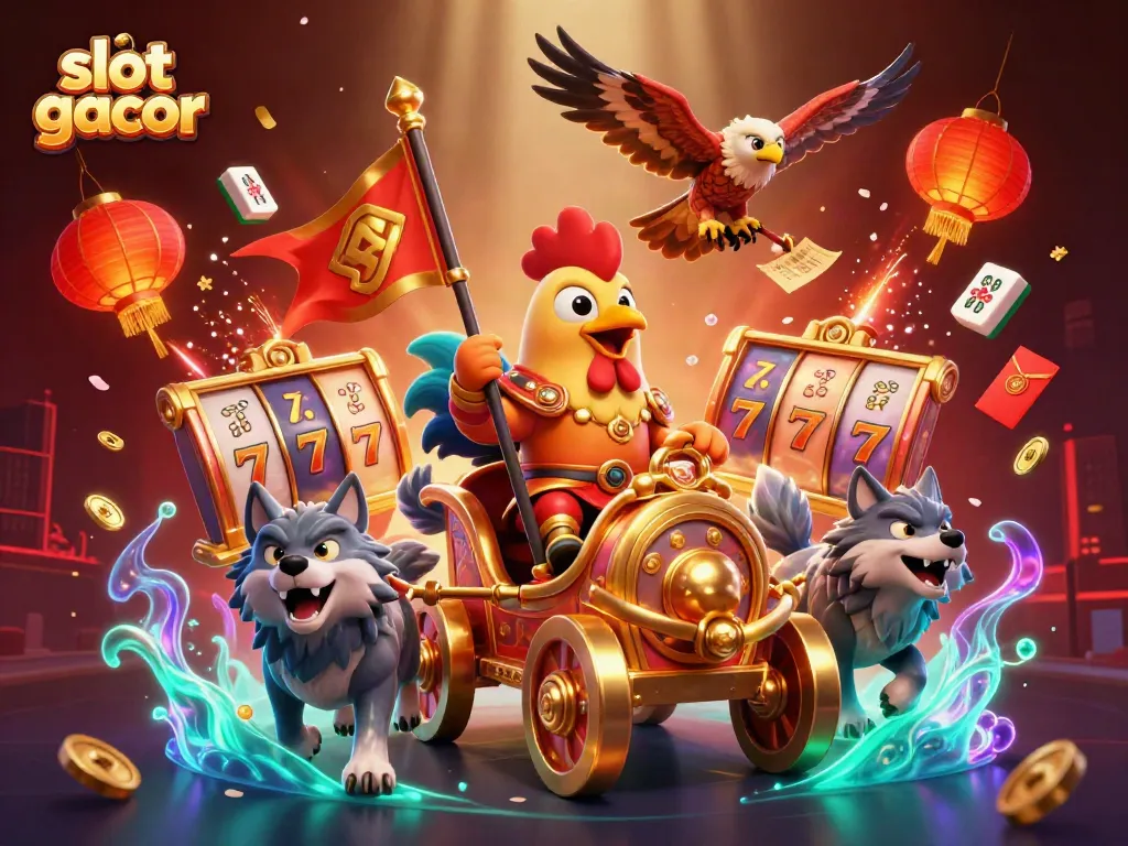 Experience the thrill of slot gacor with a dynamic 3D illustration featuring a gaming warrior atop a chariot surrounded by casino symbols.