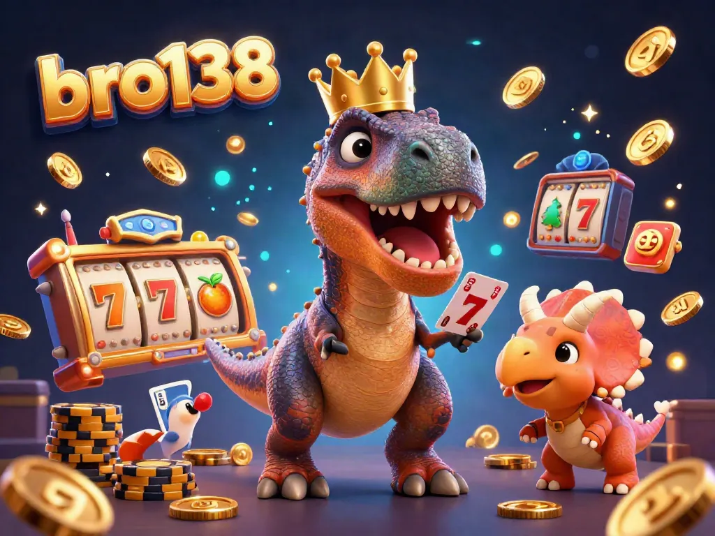 Bro138 showcases a dynamic 3D scene with a cartoon T-Rex and friends engaged in exciting casino action.