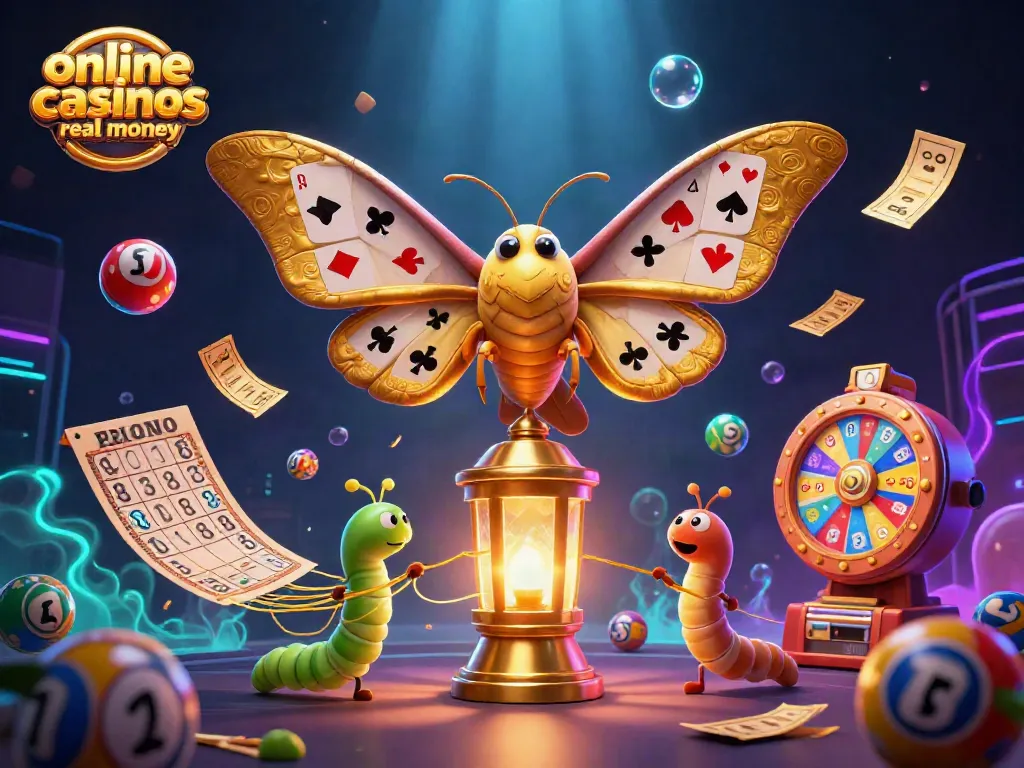 Engage with online casinos real money through a vibrant scene featuring an atlas moth, lottery balls, and casino elements.