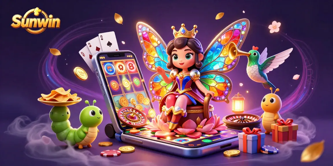 Play amazing slots at Sunwin while the butterfly queen reigns over a vibrant casino scene.