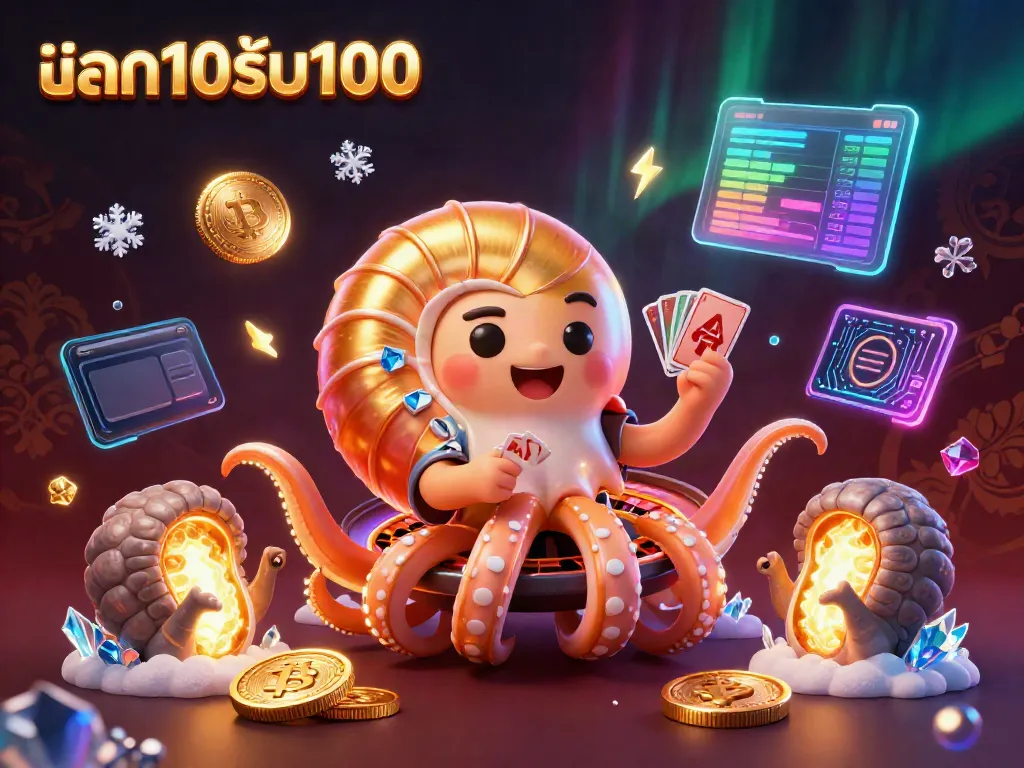 ฝาก10รับ100 ใช้โปรโมชั่นเพื่อเล่นเกมจริงโดยความเสี่ยงต่ำ ในภาพมีสัตว์ทะเลโบราณและเหรียญคริปโต