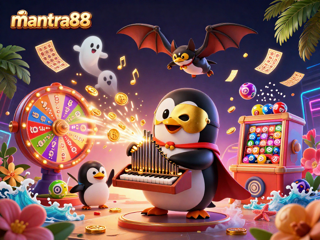 Launch into thrills with mantra88's vibrant gaming scene featuring a phantom penguin and lively game elements.