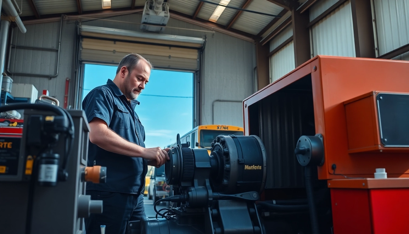 Technician performing mobile equipment service on heavy machinery, showcasing tools and an industrial environment.
