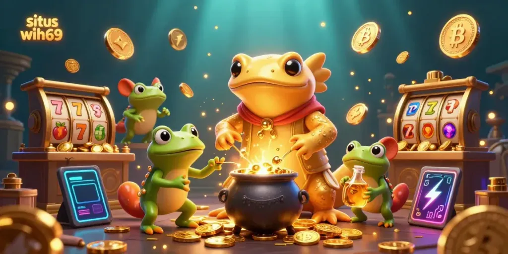 Memenangkan permainan di situs wih69 dengan alchemist dan simbol jackpot dalam ilustrasi 3D.