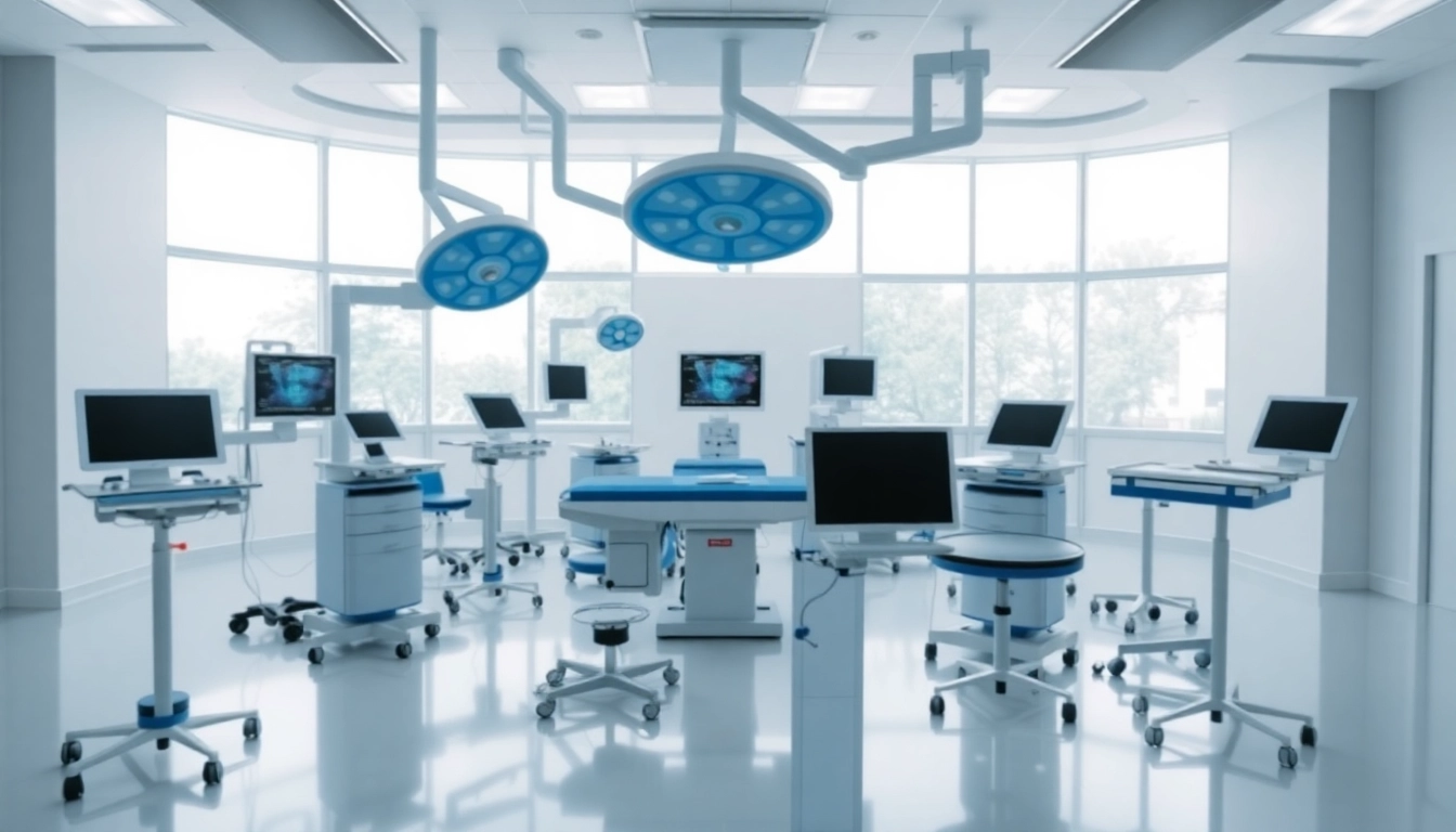 Dynamic view of a Surgical Treatment Cente with advanced surgical equipment and bright lighting.