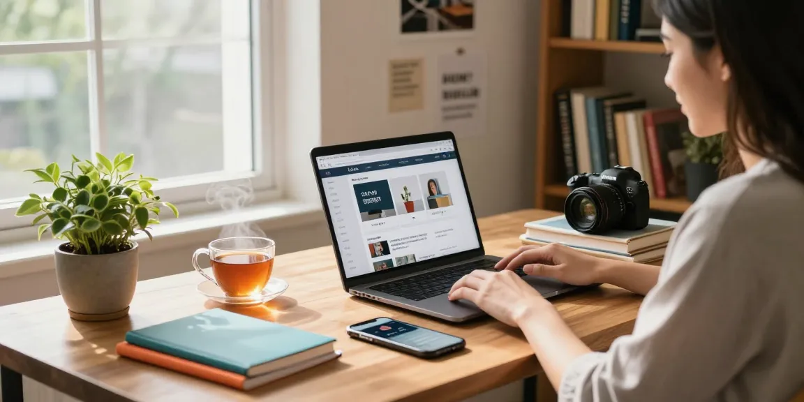 Check out our blog for inspiring blogging tips in a cozy workspace with warm natural light.