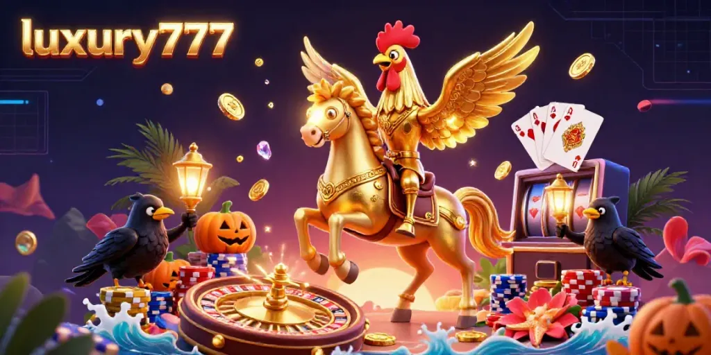Experience the thrill of luxury777 in a vibrant midnight casino environment with a golden rooster and sparkling elements.