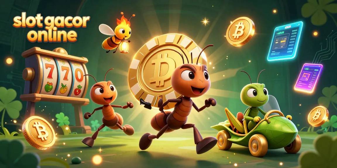 Slot gacor online menyajikan ilustrasi 3D tim semut mencuri chip poker emas, penuh unsur perjudian