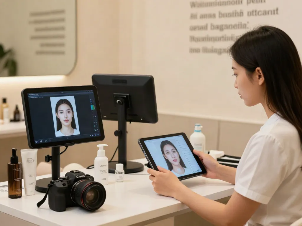 Young woman using AI for facial analysis to find alternatives to QOVES