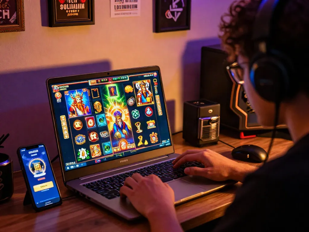 Pemain judi slot online terlibat dalam permainan situs slot ZEUS222 dengan aplikasi yang menampilkan jackpot, memberikan suasana mengasyikkan.