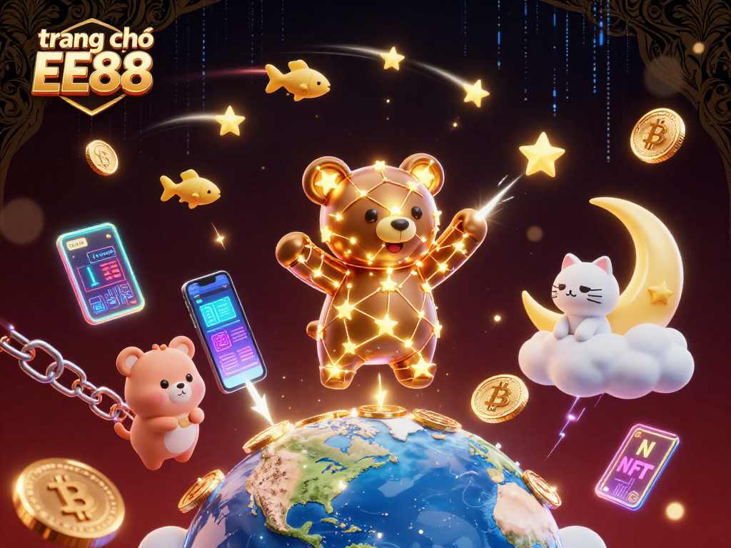 Winning with trang chủ EE88 amidst a cosmic scene featuring cryptocurrency and animated casino elements.