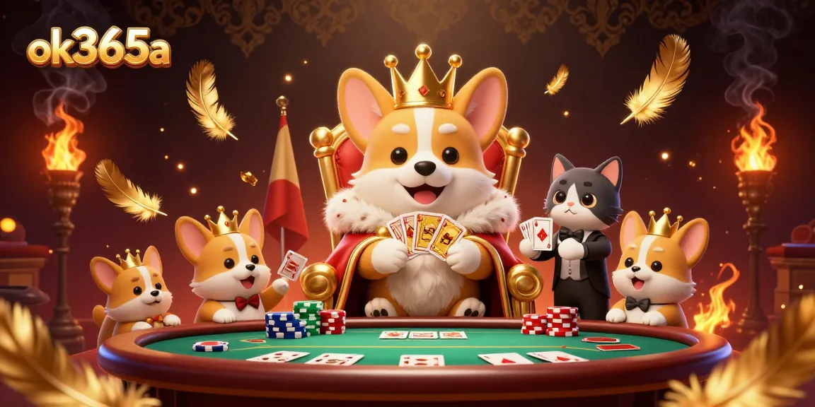 Experience exciting gameplay at ok365a with a regal corgi dealer presenting cards in a vibrant casino setting.
