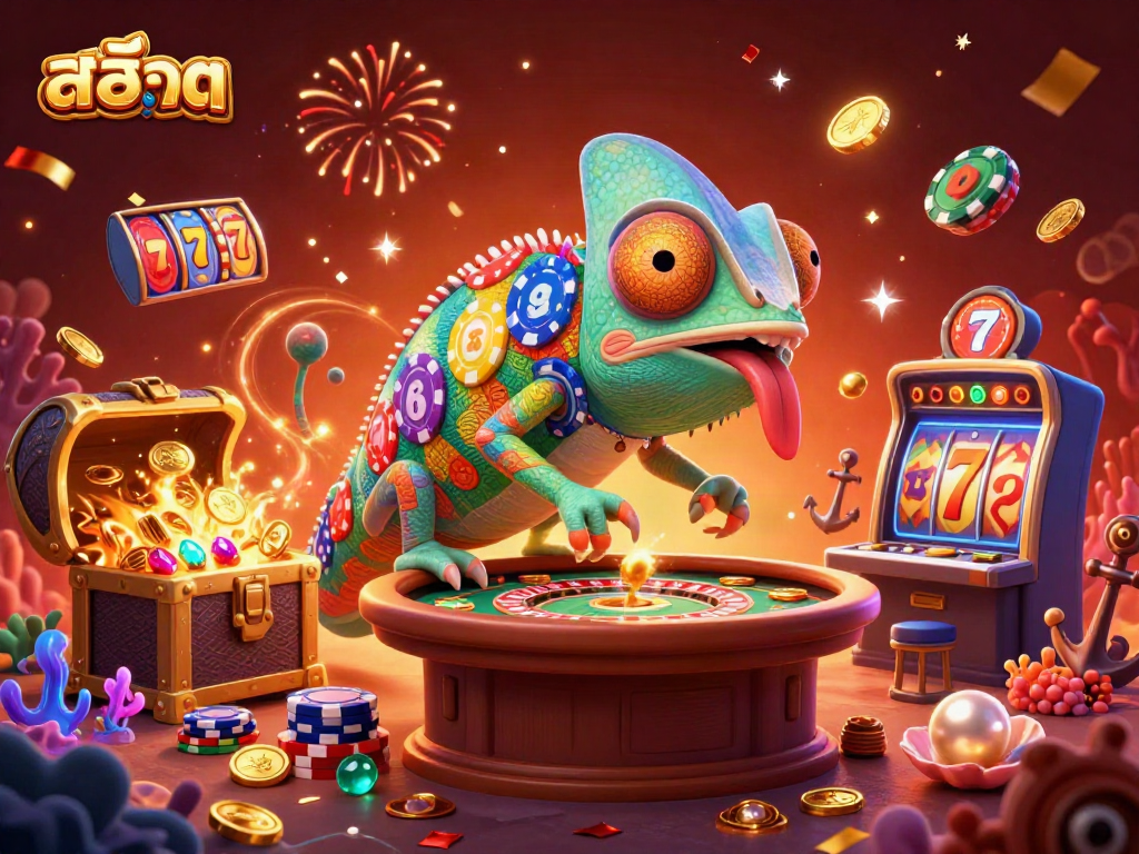 Engage with สล็อต action in a vibrant casino scene featuring a colorful chameleon owner.