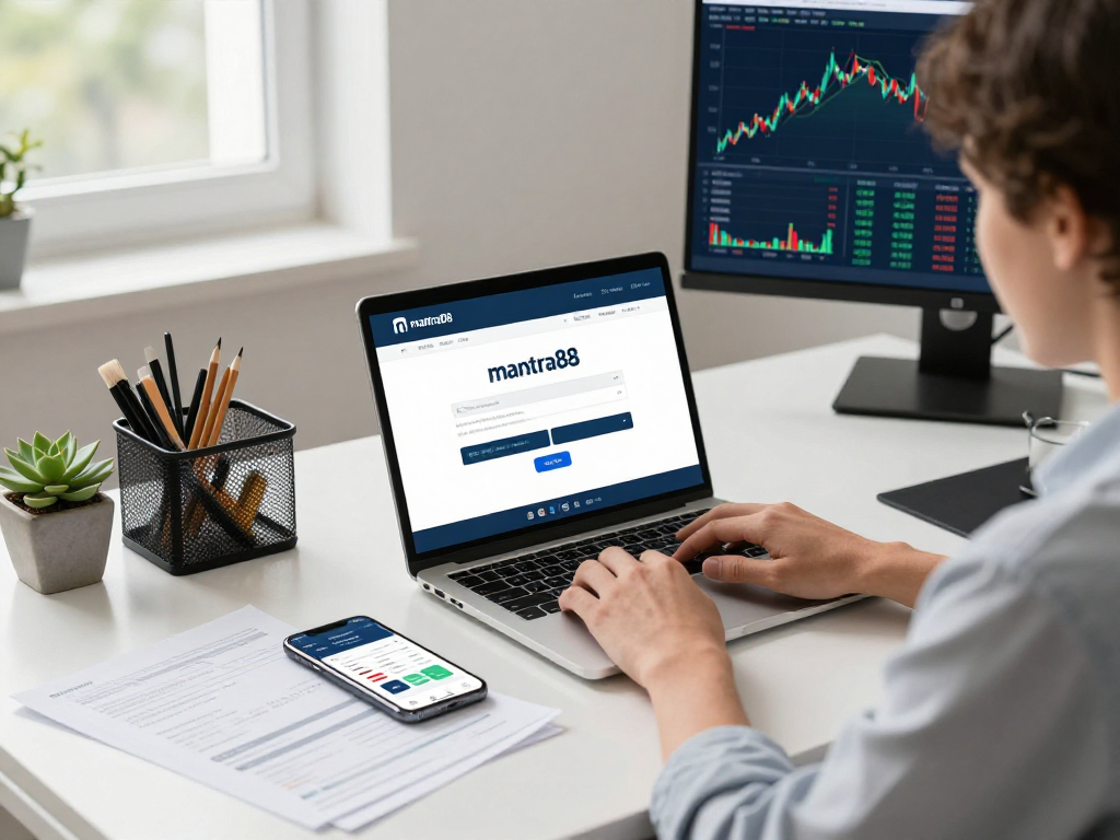 Accessing mantra88 login at a modern workspace with financial documents and digital devices.