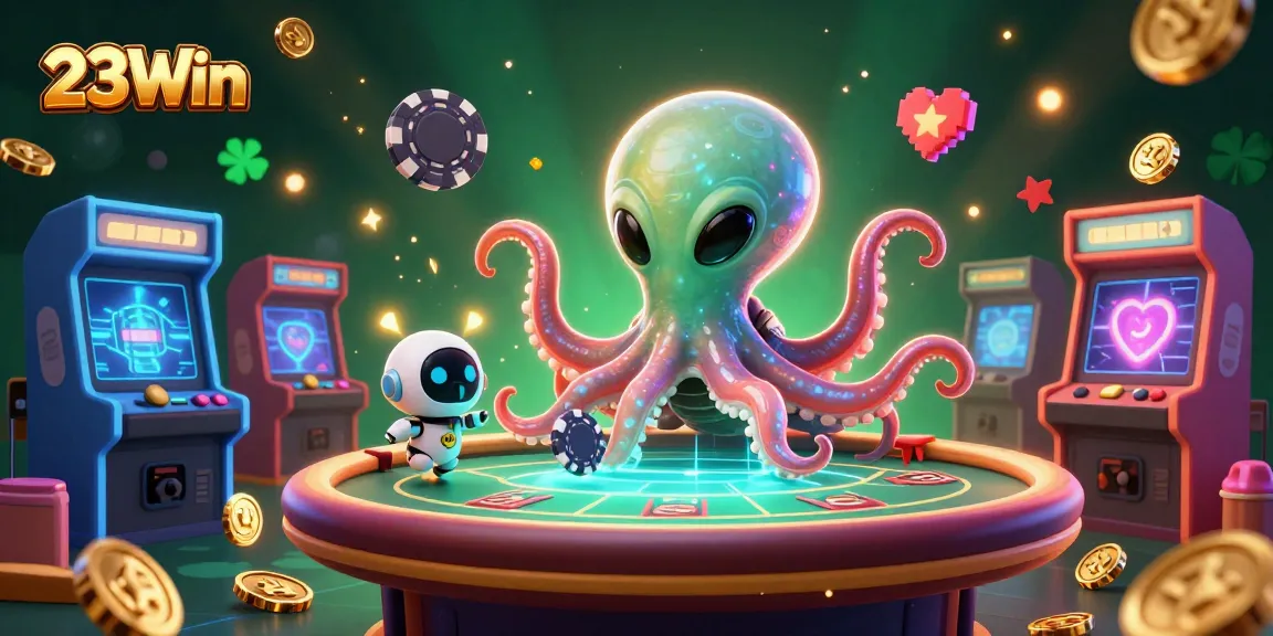 Experience the vibrant 23Win casino universe with alien octopus and robot at a holographic poker table.