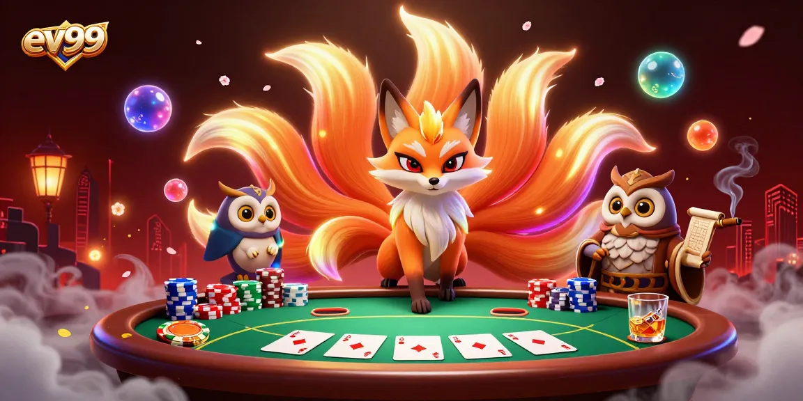 ev99 brings excitement to poker games with dynamic characters and vibrant casino elements in this detailed illustration.