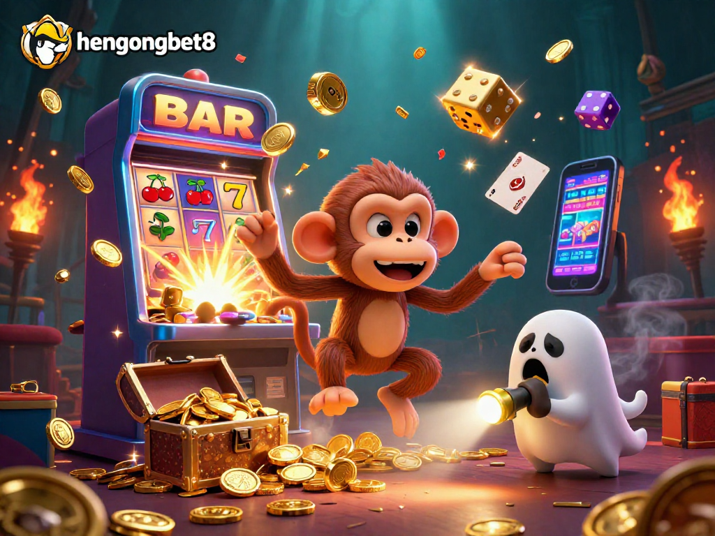 Experience the excitement of hengongbet8 at a haunted casino with a playful ghost and golden treasures.