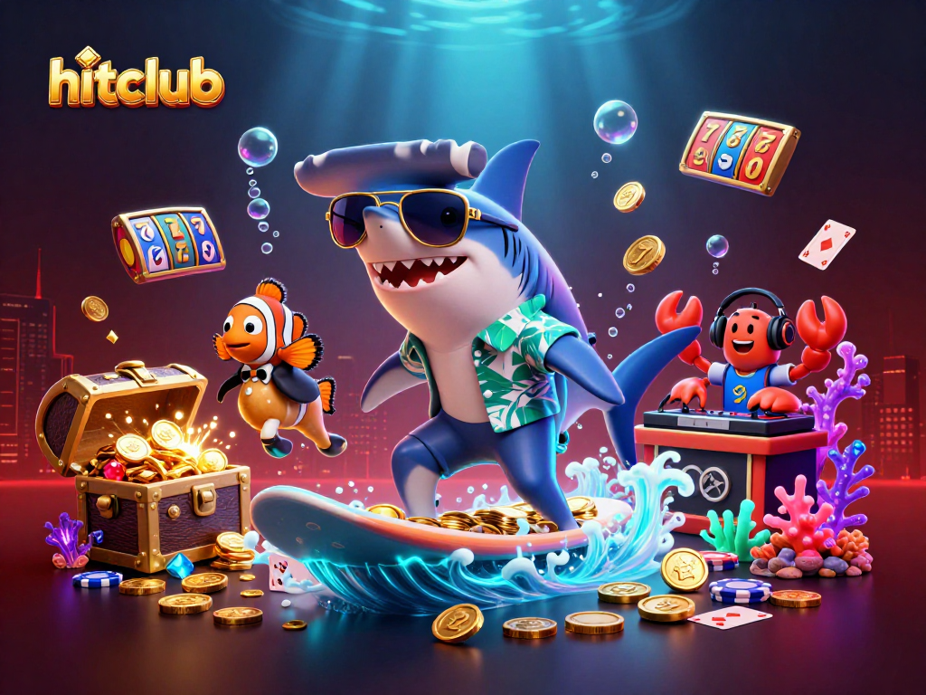 Engage with hitclub's vibrant casino scene featuring 3D characters, gold coins, and slot machines.