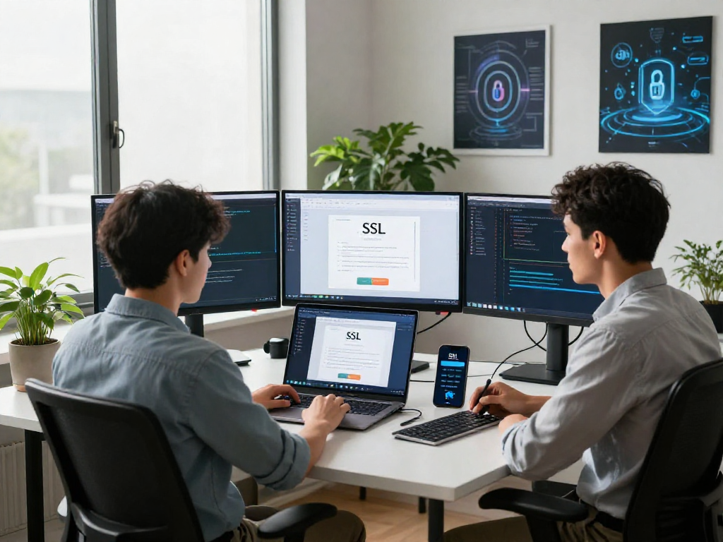Expert managing certificados ssl on multiple screens in a modern tech workspace