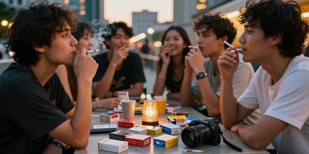 Capturing camaraderie while enjoying cheap cigarettes online Australia with friends in an urban setting.