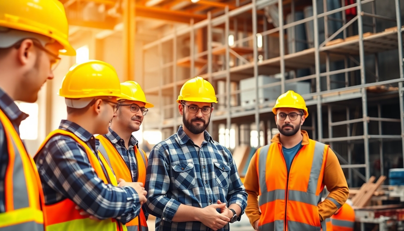 Visual depiction highlighting workers comp reduction construction with workers engaged in safety practices at a construction site.