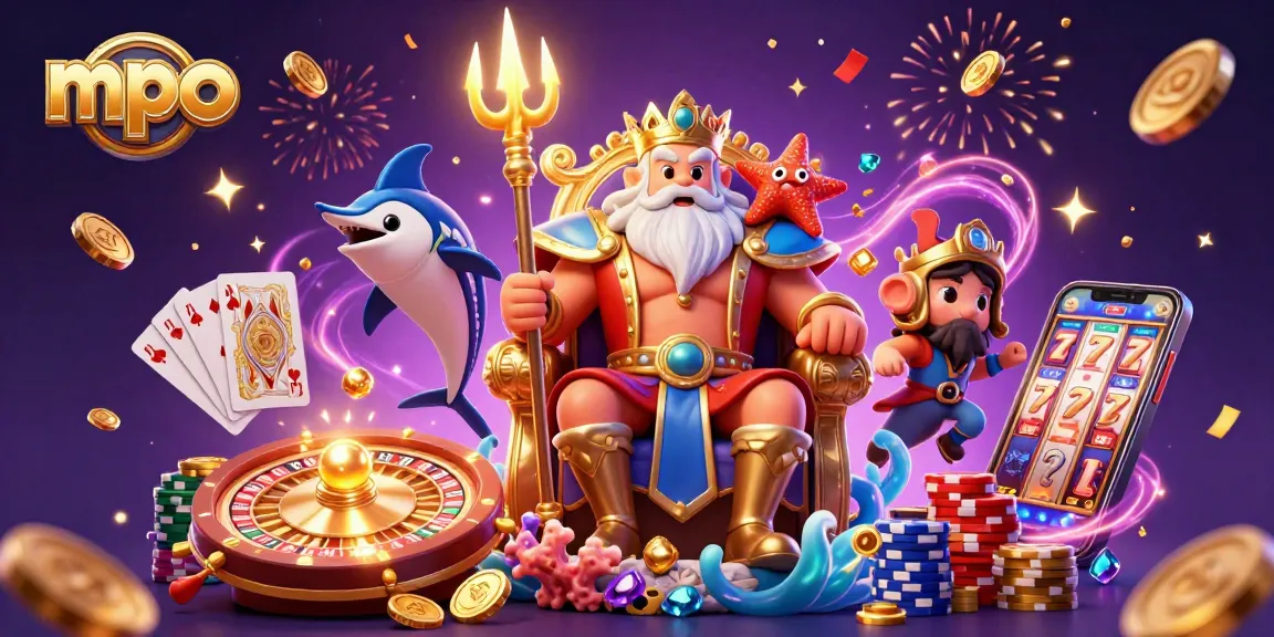 MPO players enjoy vibrant games showcasing a royal flush amidst sparkling elements and energetic visuals.