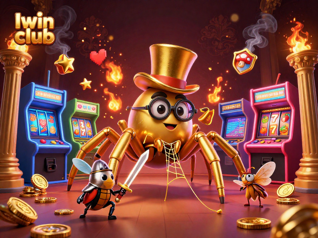 Iwin club features a golden tarantula weaving a golden web amid slots, enhancing your gaming experience.