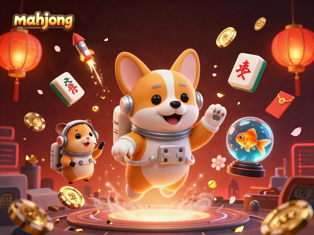 Engage in mahjong gaming action with a vibrant space-themed scene featuring fortune symbols.