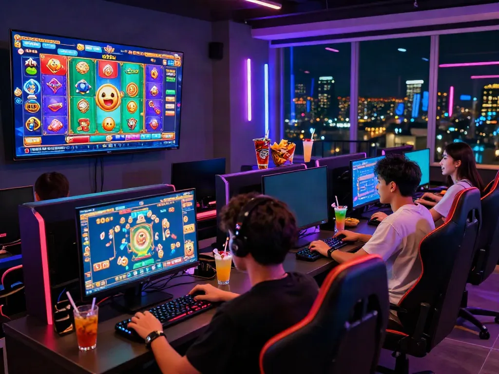 Players engaging in exciting digital slot games at a vibrant gaming lounge featuring สล็อตเว็บตรง.