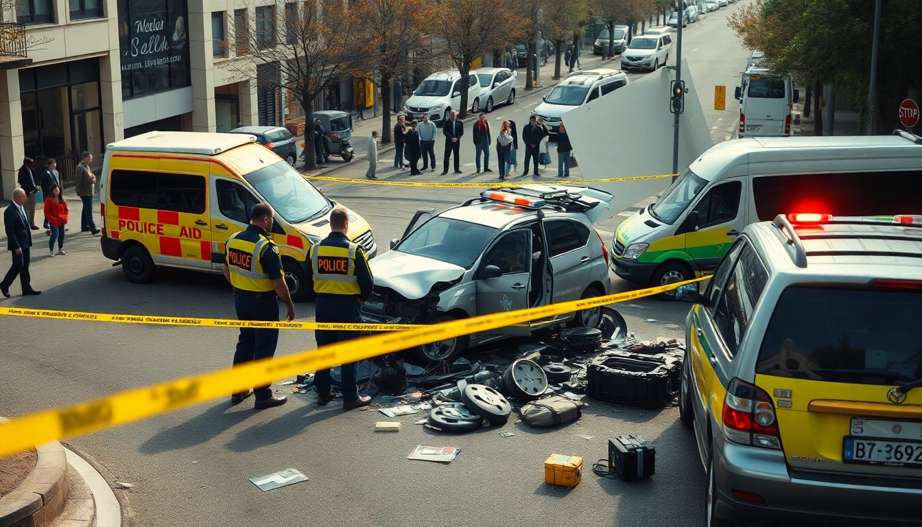 Responders attend to a road accident scene, showcasing emergency measures and safety protocols.